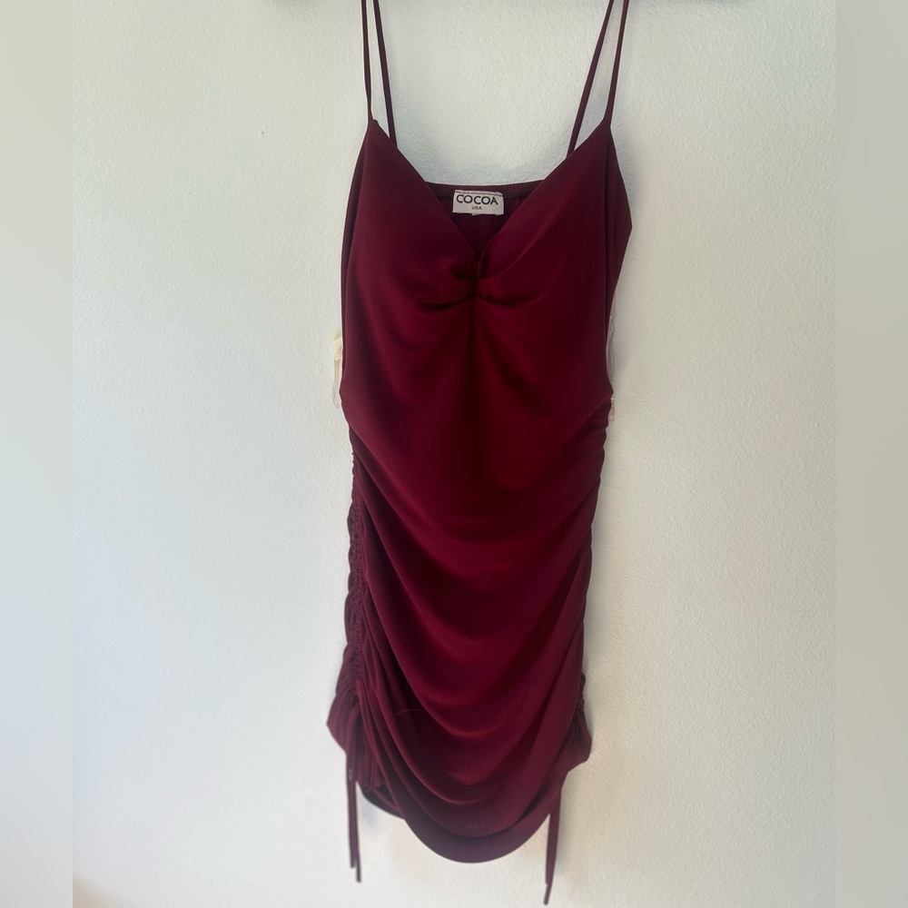Burgundy Spaghetti Straight Drawstring Side Mesh Dress